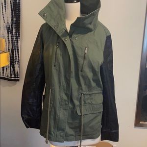 A Cargo Utility Jacket With pleather Sleeves